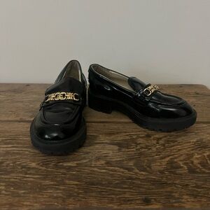 Sam Edelman Black Patent Loafers with Gold Chain